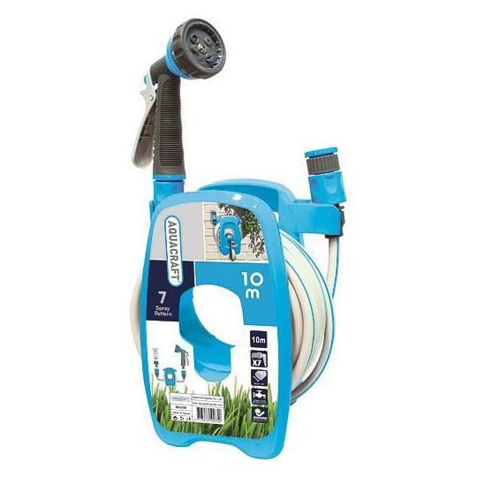 NAVÍJAČ S HADICOU 3/8" 10m ZAVLAŽOVACOU PIŠTOĽOU SPOJKAMI AQUACRAFT 256734